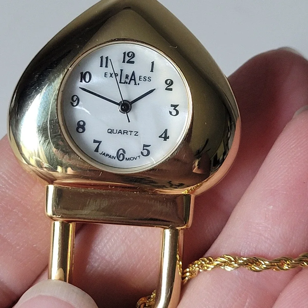 LA Express Gold Tone Heart Padlock Pendant Watch Necklace with Key Charm 26 In